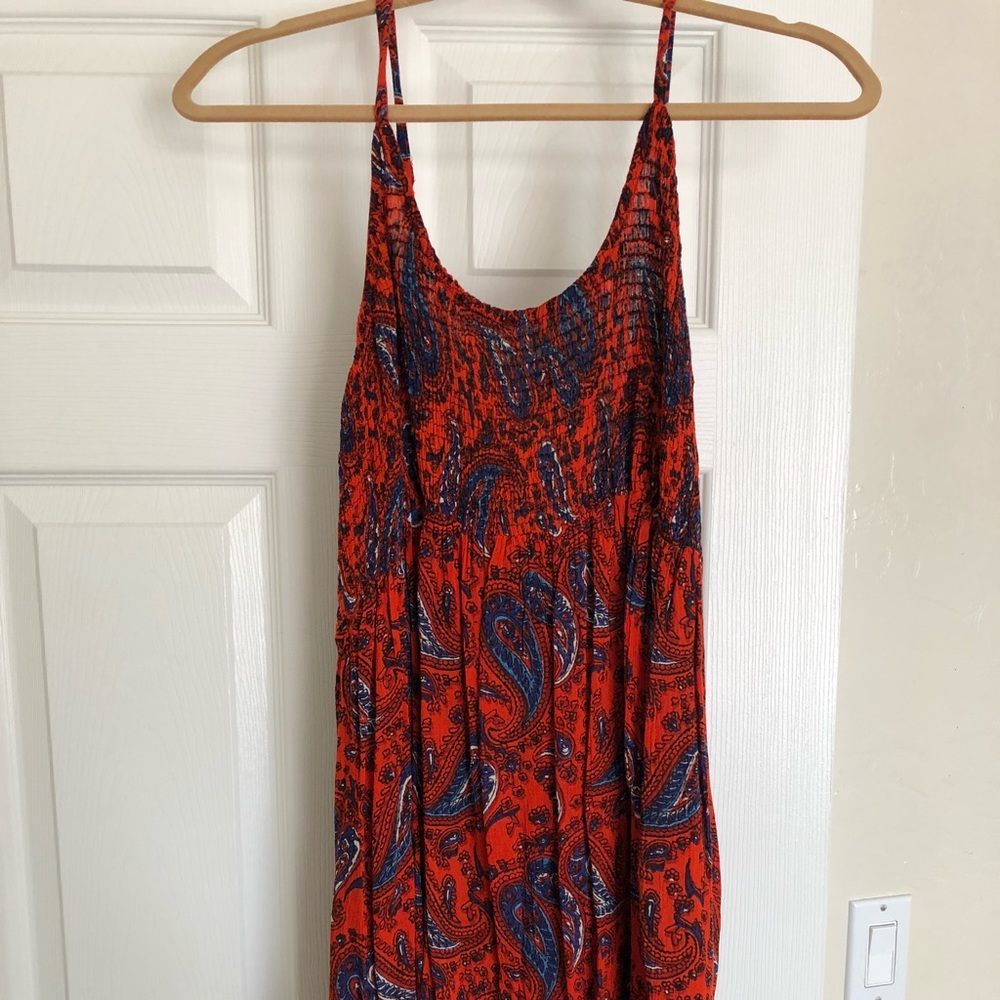 Lightweight red and blue print midi dress